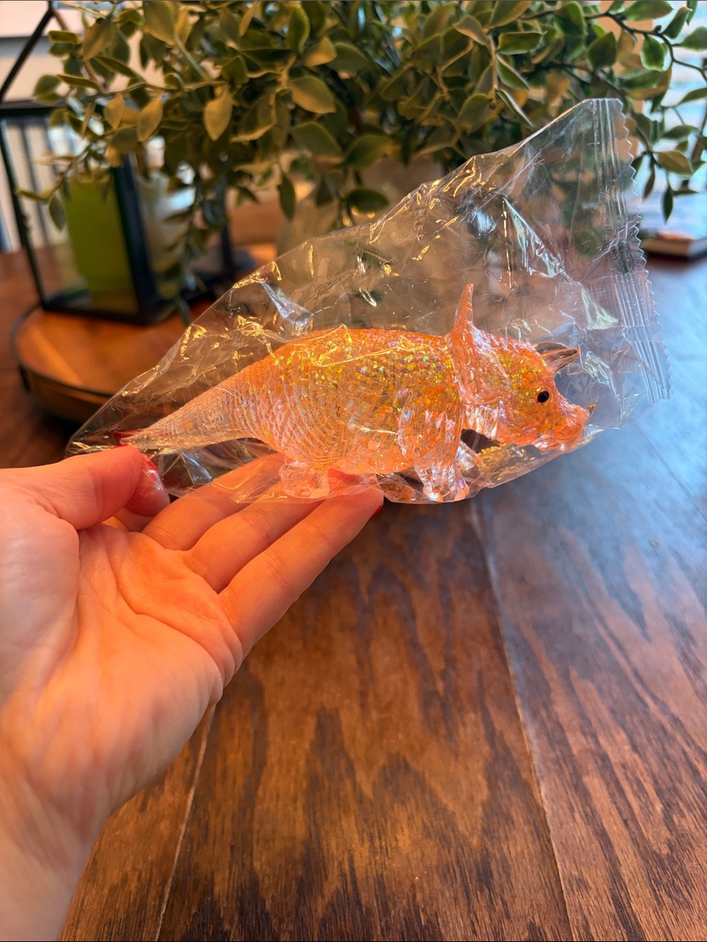 Orange Glitter Dino Triceratops Squishy